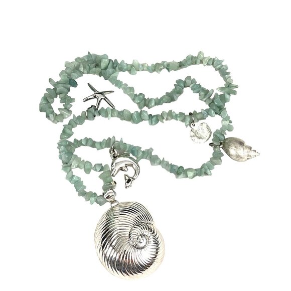 Handcrafted Faux Aquamarine Chip Bead Necklace With Ocean-Themed Charms & Silver - Picture 1 of 10